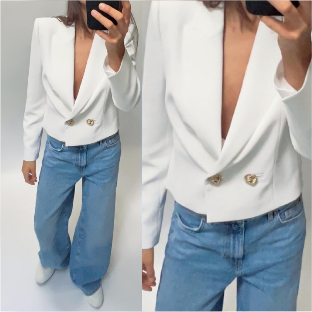 Zara White Cropped Double-Breasted Blazer with Gold Buttons